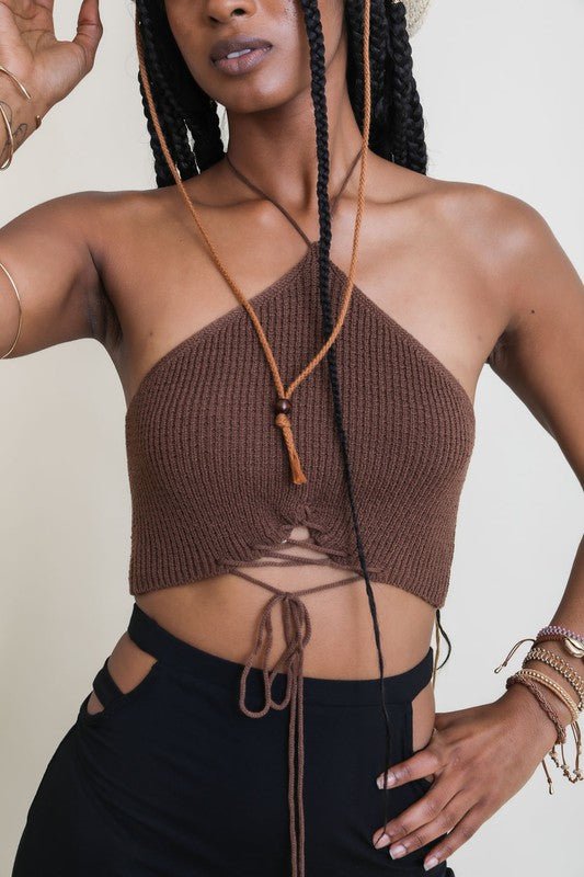 Lace - Up Halter Knit Bralette - KIOKO