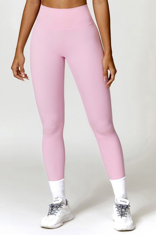 Solid high - waisted hip - lifting athletic leggings - KIOKO