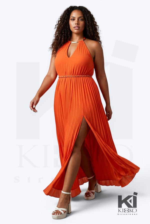 Bahamas Me Wanna Pleated Gold Trim Maxi Dress - KIOKO
