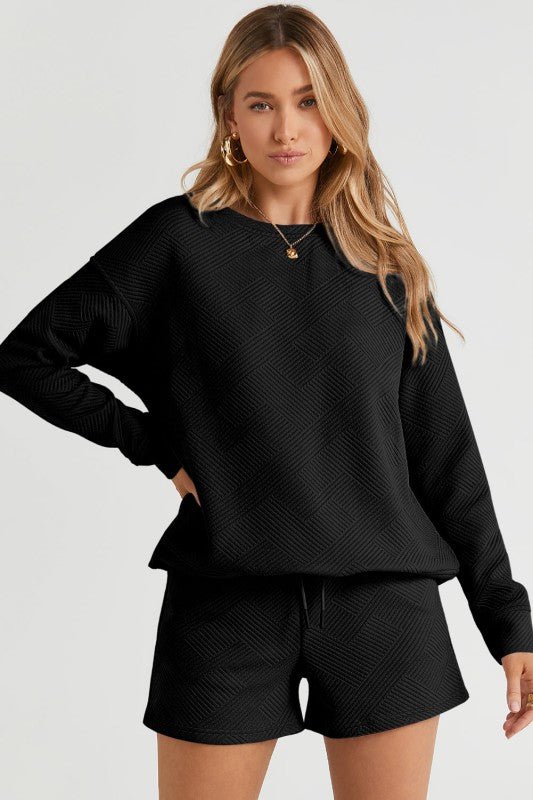Adalyn Textured Long Sleeve Top and Drawstring Sho - KIOKO