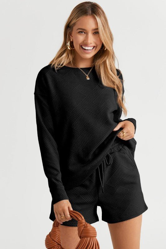 Adalyn Textured Long Sleeve Top and Drawstring Sho - KIOKO