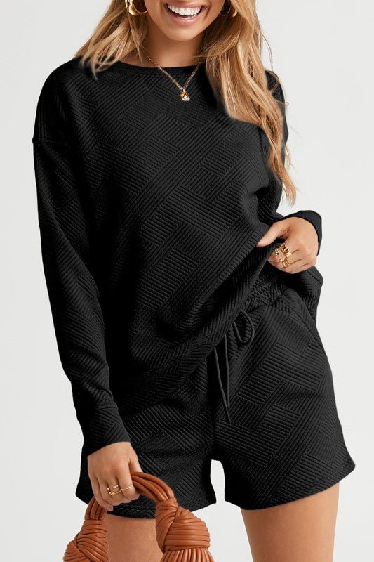 Adalyn Textured Long Sleeve Top and Drawstring Sho - KIOKO