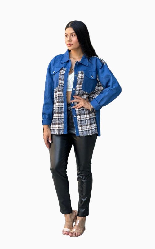 Arabia Knights Oversized Plaid Denim Shacket - KIOKO