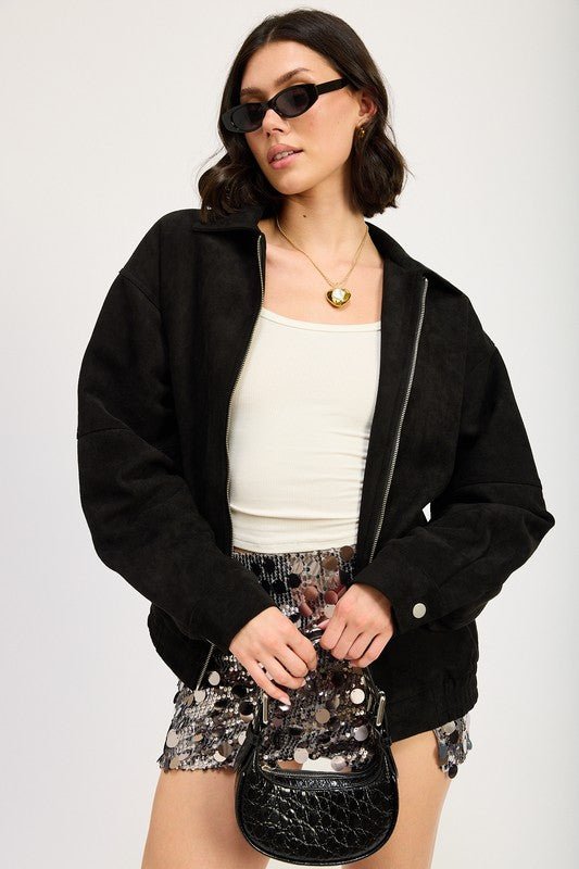 Black Ice Suede Bomber Jacket - KIOKO