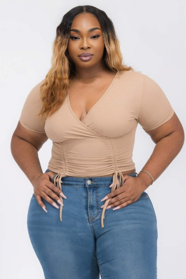 Curve That Ribbed Ruched Surplice Top - KIOKO