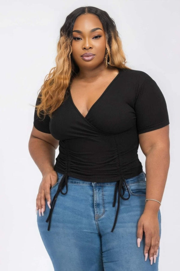 Curve That Ribbed Ruched Surplice Top - KIOKO