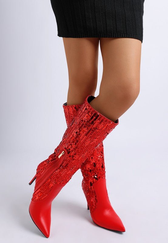 Sitarah Sequin Embellished Stiletto Long Boots - KIOKO