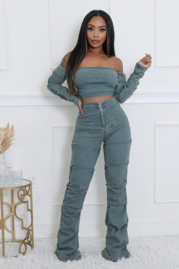 Denim Off The Shoulder Stretch Pant Set - KIOKO