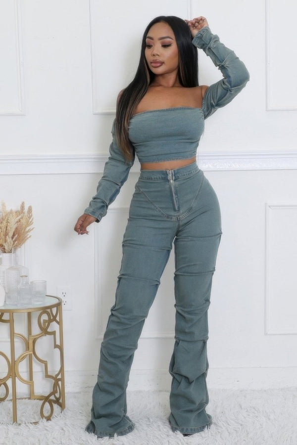 Denim Off The Shoulder Stretch Pant Set - KIOKO