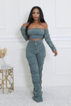 Denim Off The Shoulder Stretch Pant Set - KIOKO