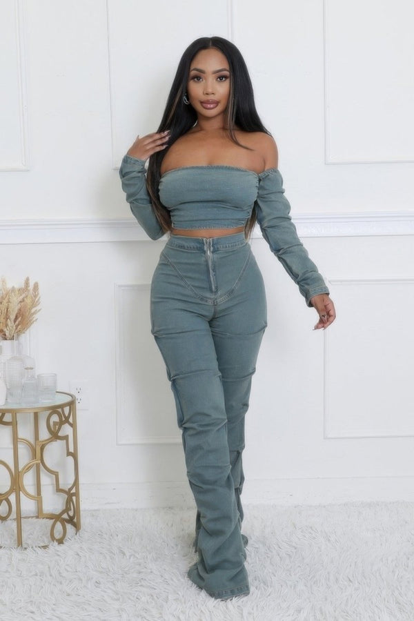 Denim Off The Shoulder Stretch Pant Set - KIOKO