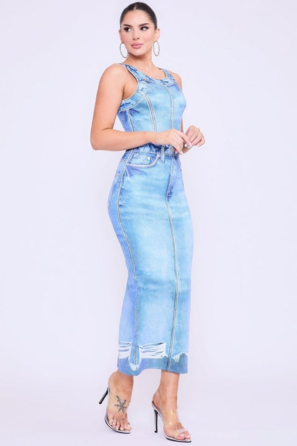 Harper Denim Print Midi Dress - KIOKO