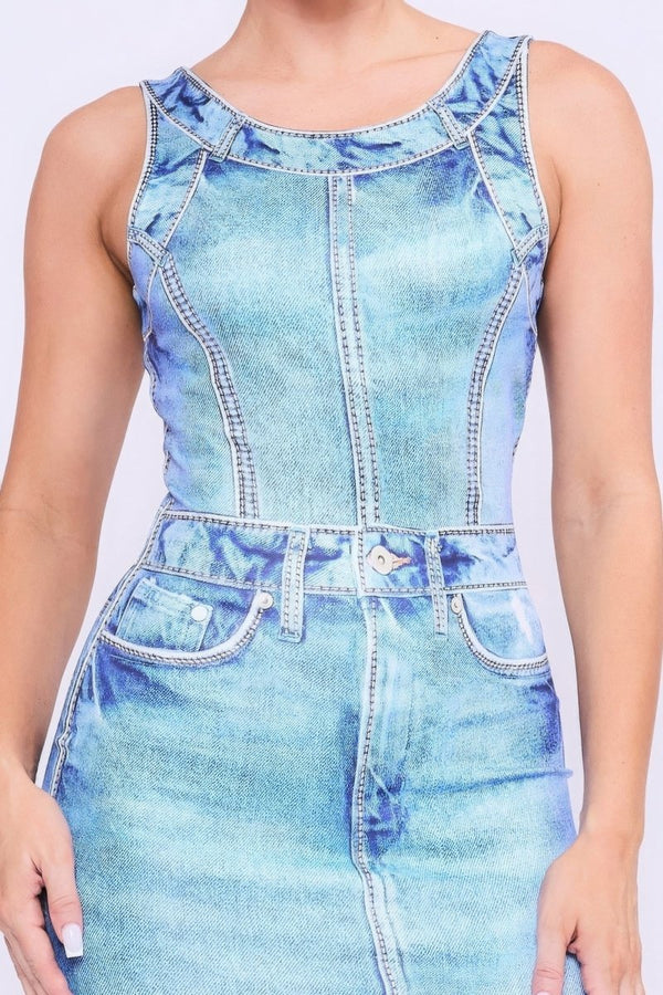 Harper Denim Print Midi Dress - KIOKO