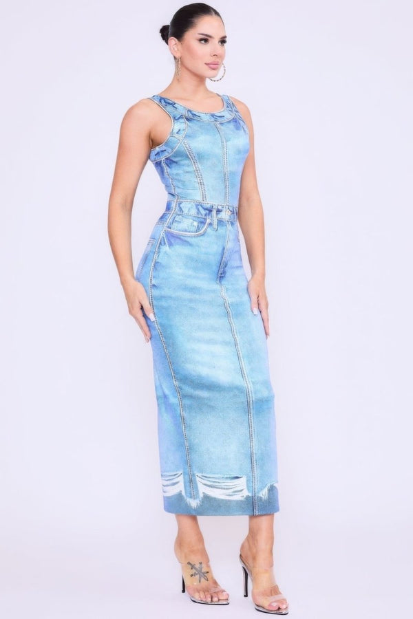 Harper Denim Print Midi Dress - KIOKO