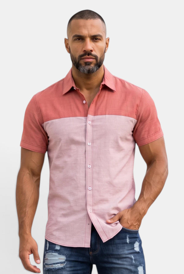 KIOKO Cityboy colorblock short-sleeve shirt in two-tone pink worn by a man with a beard against a white background.