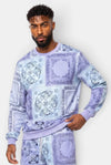 KIOKO Crenshaw paisley bandana print crewneck sweatshirt in lavender on a male model with ribbed cuffs and round neck