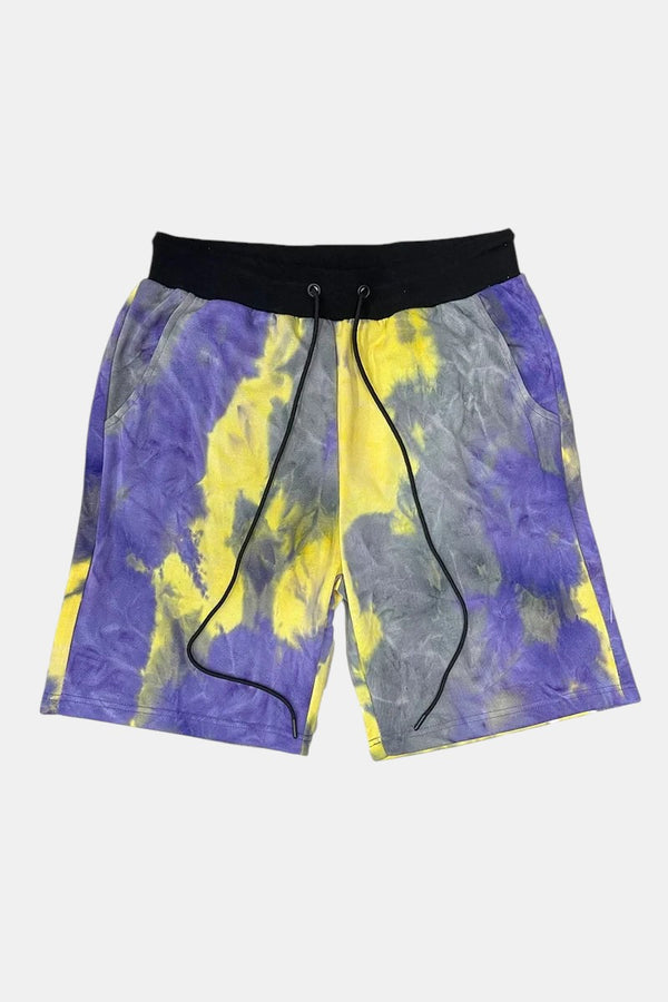 KIOKO Cypher tie-dye jogger shorts in purple and yellow cotton with an elastic drawstring waistband and side pockets.