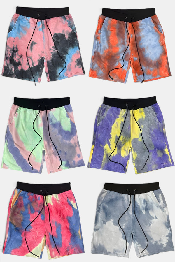 KIOKO Cypher tie-dye jogger shorts in various vibrant colorways with elastic waistbands and adjustable drawstrings.