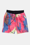 KIOKO Cypher tie-dye jogger shorts in blue, pink, and yellow cotton with a black elastic drawstring waistband.