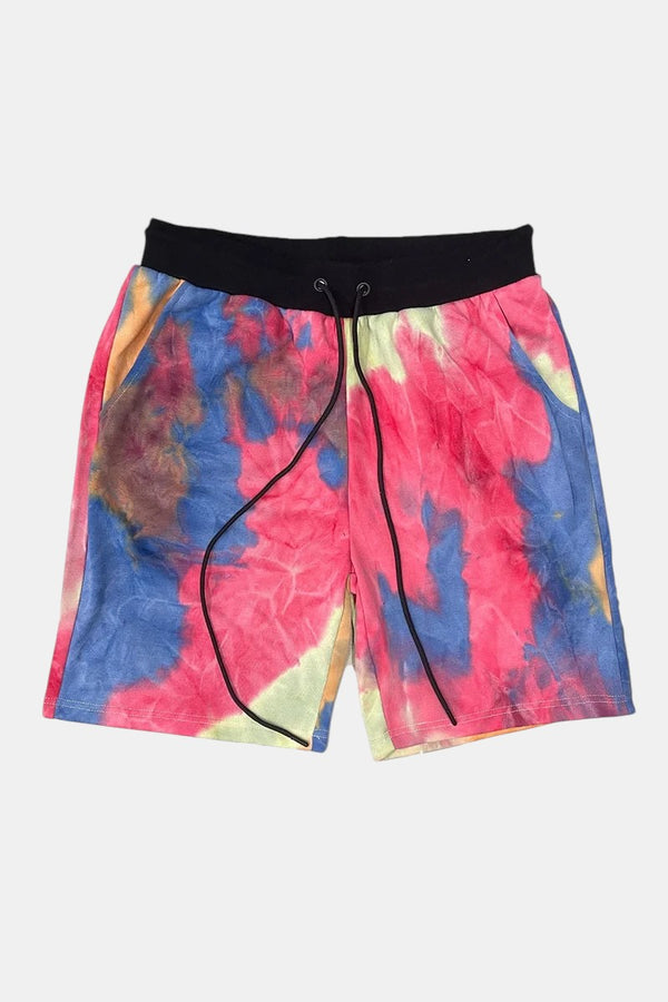KIOKO Cypher tie-dye jogger shorts in blue, pink, and yellow cotton with a black elastic drawstring waistband.