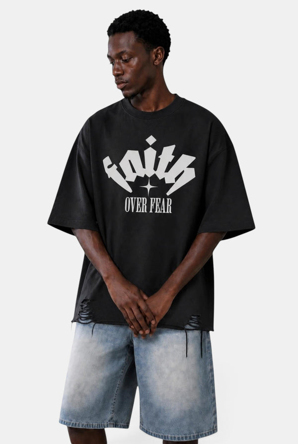 KIOKO Faith Over Fear black heavyweight cotton t-shirt with raw hem, drop shoulders, and distressed graphic print.