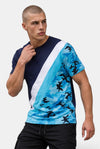 KIOKO Steeze camo colorblock t-shirt in navy and blue worn by a man with a short haircut against a white background.