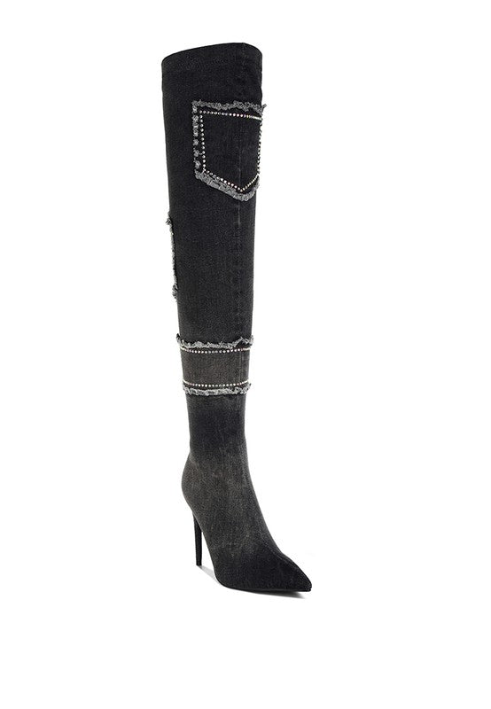 Monique Rhinestones Knee High Denim Boots - KIOKO