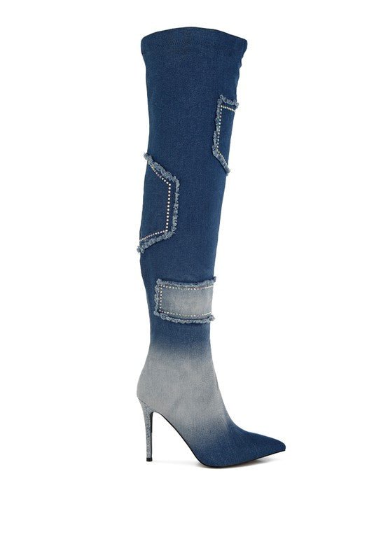 Monique Rhinestones Knee High Denim Boots - KIOKO