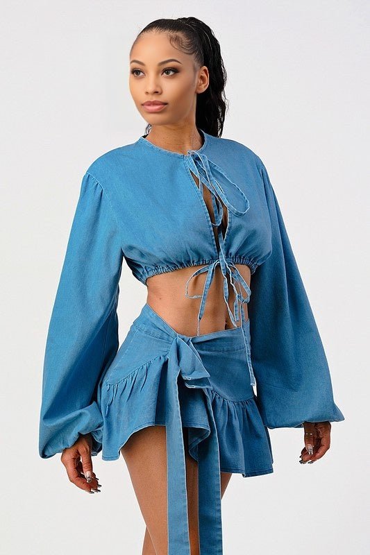 Ocean Waves Denim Skirt Set - KIOKO