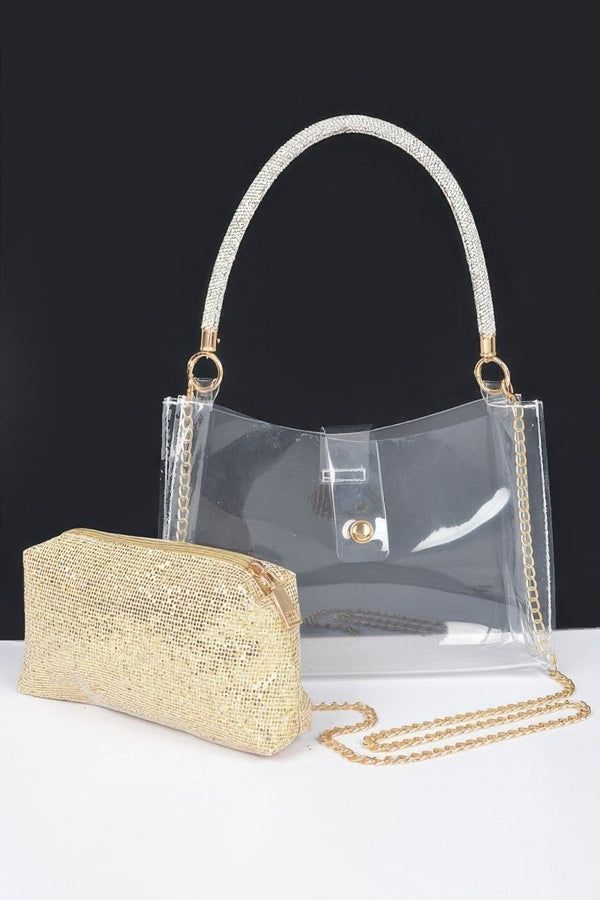 Plated Link Rhinestone Hobo Bag Set - KIOKO