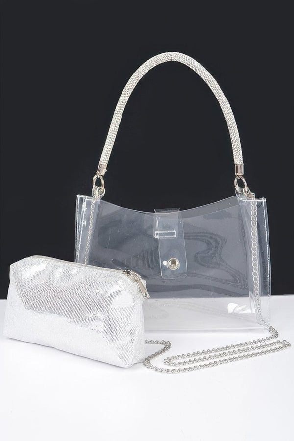 Plated Link Rhinestone Hobo Bag Set - KIOKO