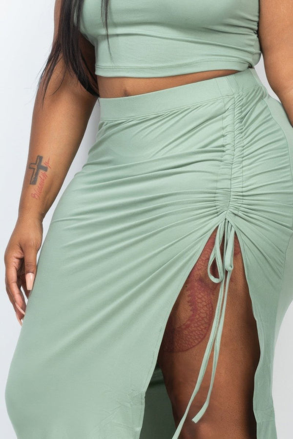 Plus Size Cami Crop Top & Ruched Side Split Hem Midi Skirt Set - KIOKO