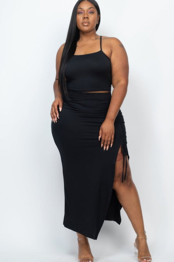 Plus Size Cami Crop Top & Ruched Side Split Hem Midi Skirt Set - KIOKO