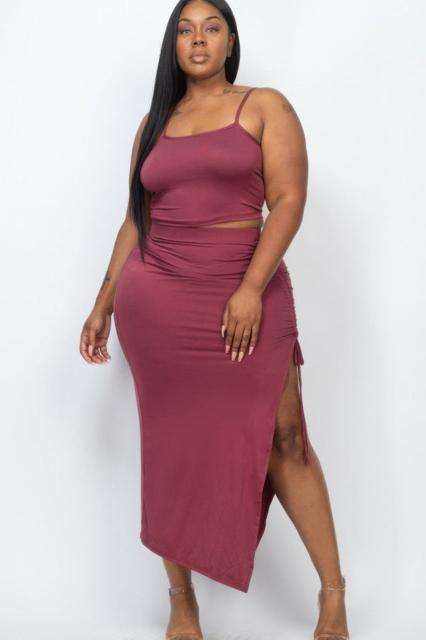 Plus Size Cami Crop Top & Ruched Side Split Hem Midi Skirt Set - KIOKO