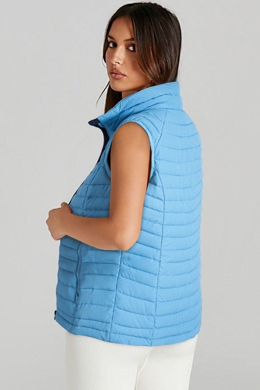 Sky Blue Plush Collared Quilted Zipped Puffer Vest - KIOKO