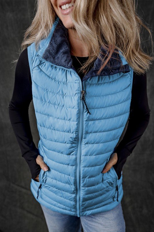 Sky Blue Plush Collared Quilted Zipped Puffer Vest - KIOKO