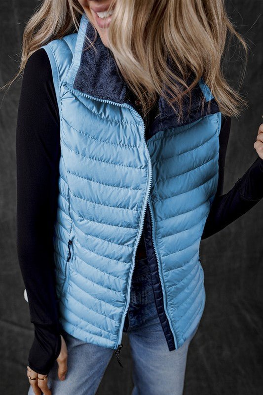 Sky Blue Plush Collared Quilted Zipped Puffer Vest - KIOKO