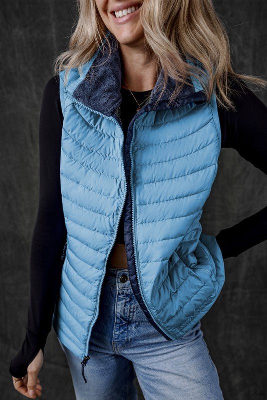 Sky Blue Plush Collared Quilted Zipped Puffer Vest - KIOKO