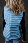 Sky Blue Plush Collared Quilted Zipped Puffer Vest - KIOKO