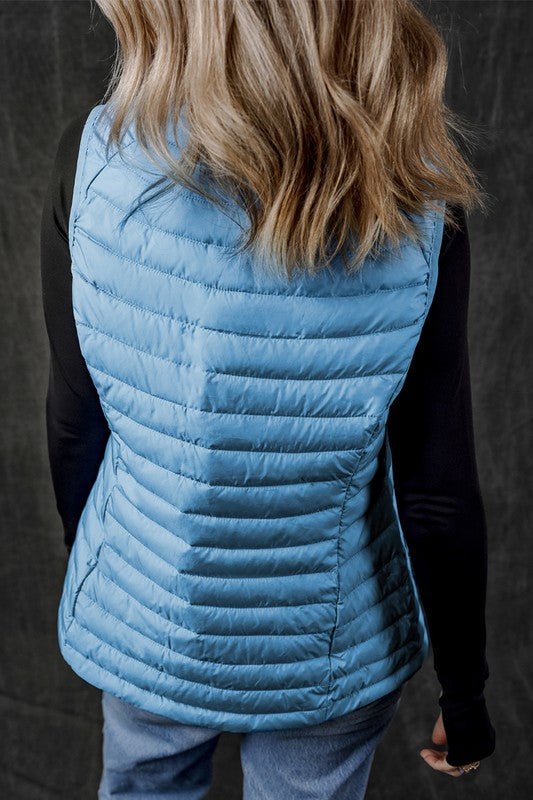 Sky Blue Plush Collared Quilted Zipped Puffer Vest - KIOKO