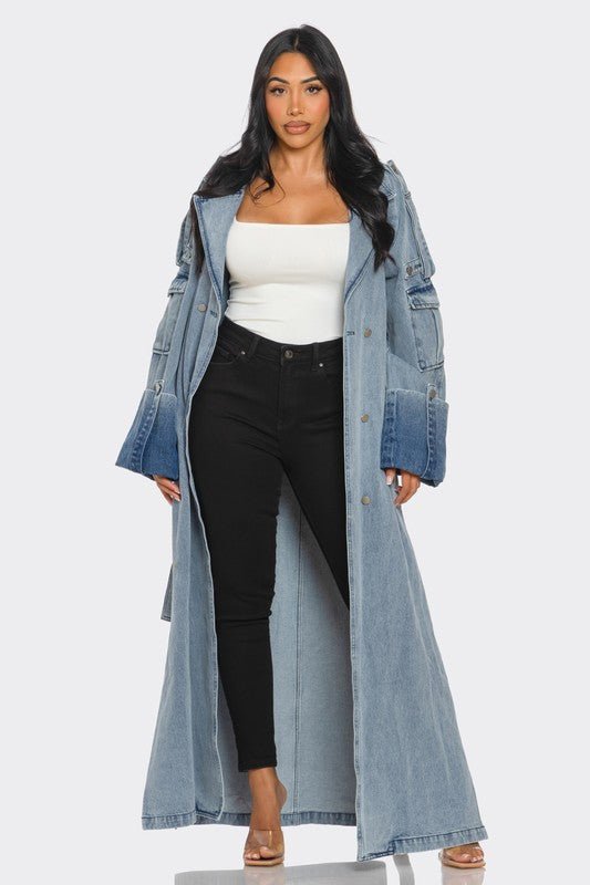 Top Mode Longline Denim Trench Coat - KIOKO