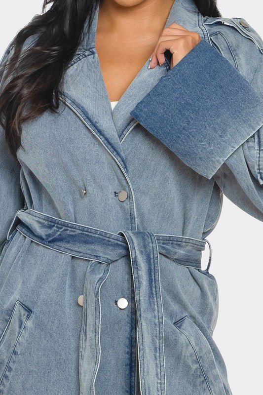 Top Mode Longline Denim Trench Coat - KIOKO