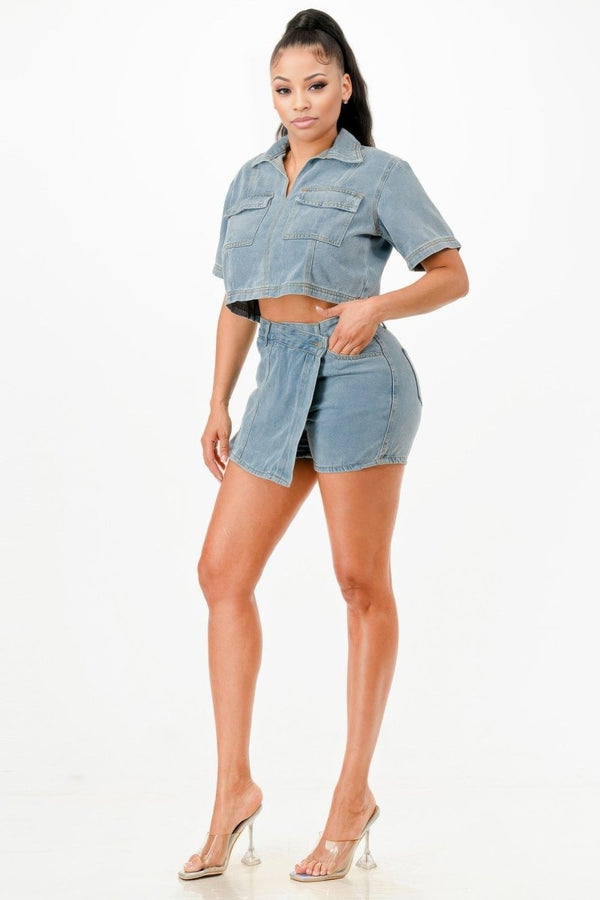 Traces of Me Denim Shirt And Skort Set - KIOKO