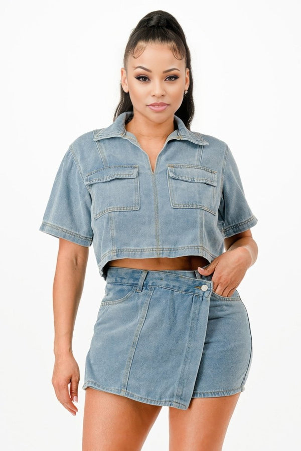 Traces of Me Denim Shirt And Skort Set - KIOKO