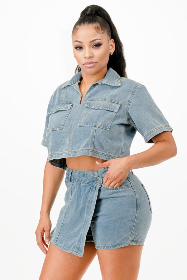 Traces of Me Denim Shirt And Skort Set - KIOKO