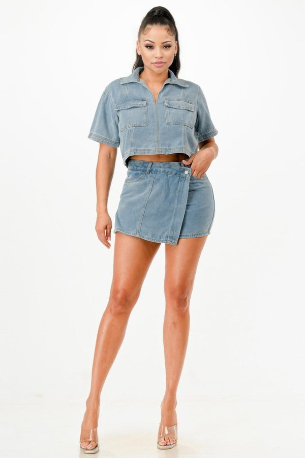 Traces of Me Denim Shirt And Skort Set - KIOKO