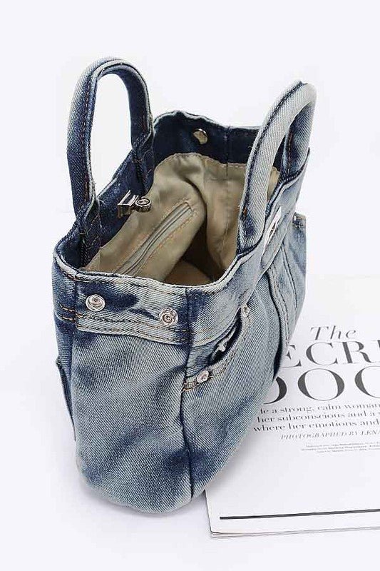 Washed Denim Top Handle Convertible Bag - KIOKO