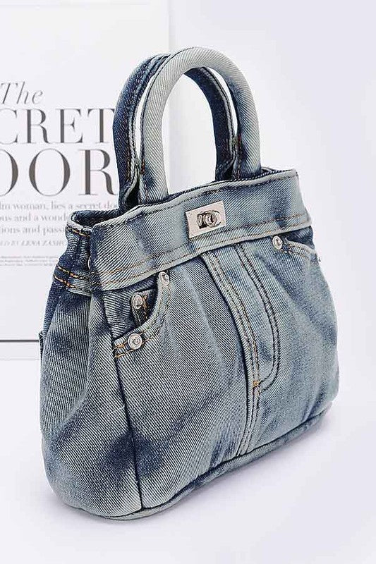 Washed Denim Top Handle Convertible Bag - KIOKO