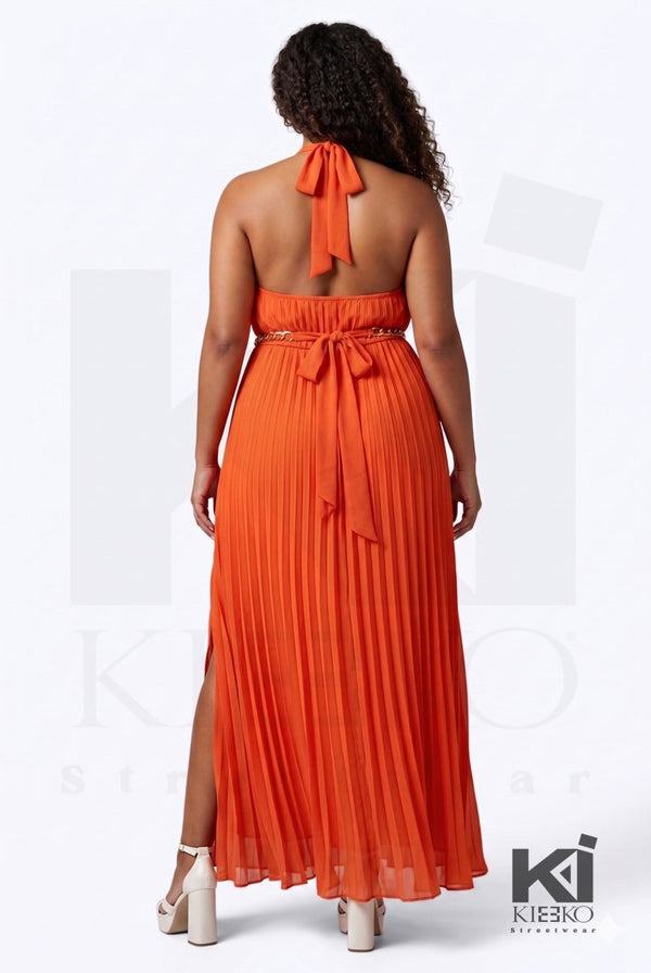 Bahamas Me Wanna Pleated Gold Trim Maxi Dress - KIOKO