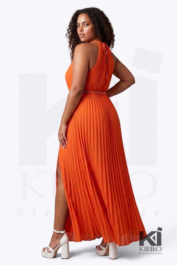 Bahamas Me Wanna Pleated Gold Trim Maxi Dress - KIOKO